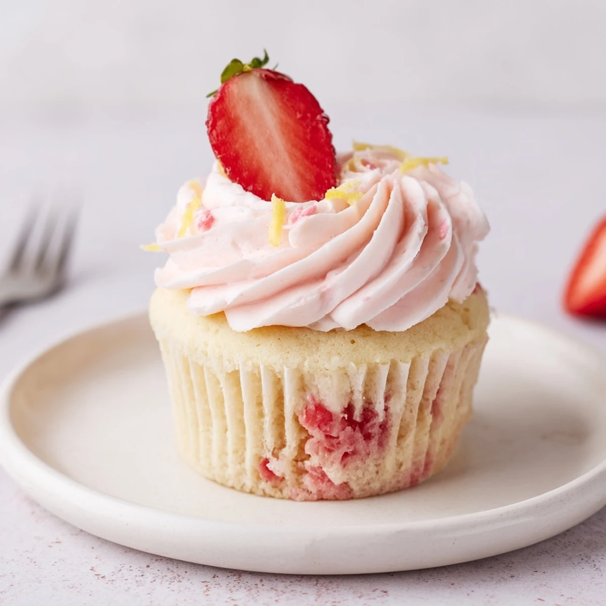 A plate of Strawberry Lemonade Cupcakes exuding bright citrus aroma, perfect picnic treat
