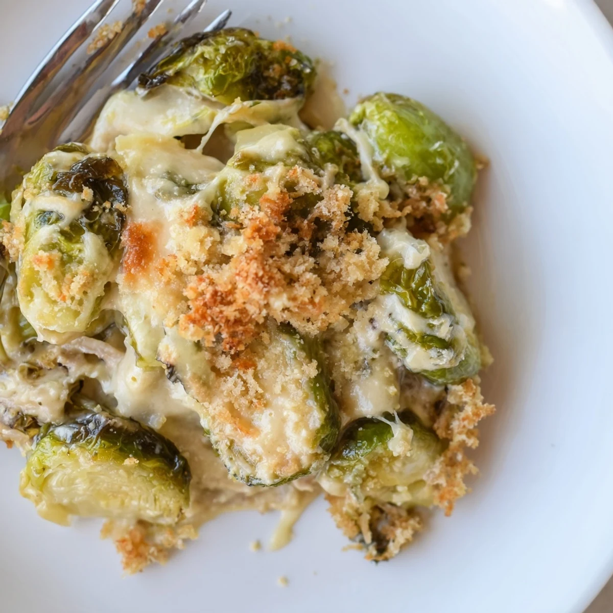 Creamy Parmesan Brussels Sprouts Casserole bubbling with golden breadcrumb topping, ready to serve