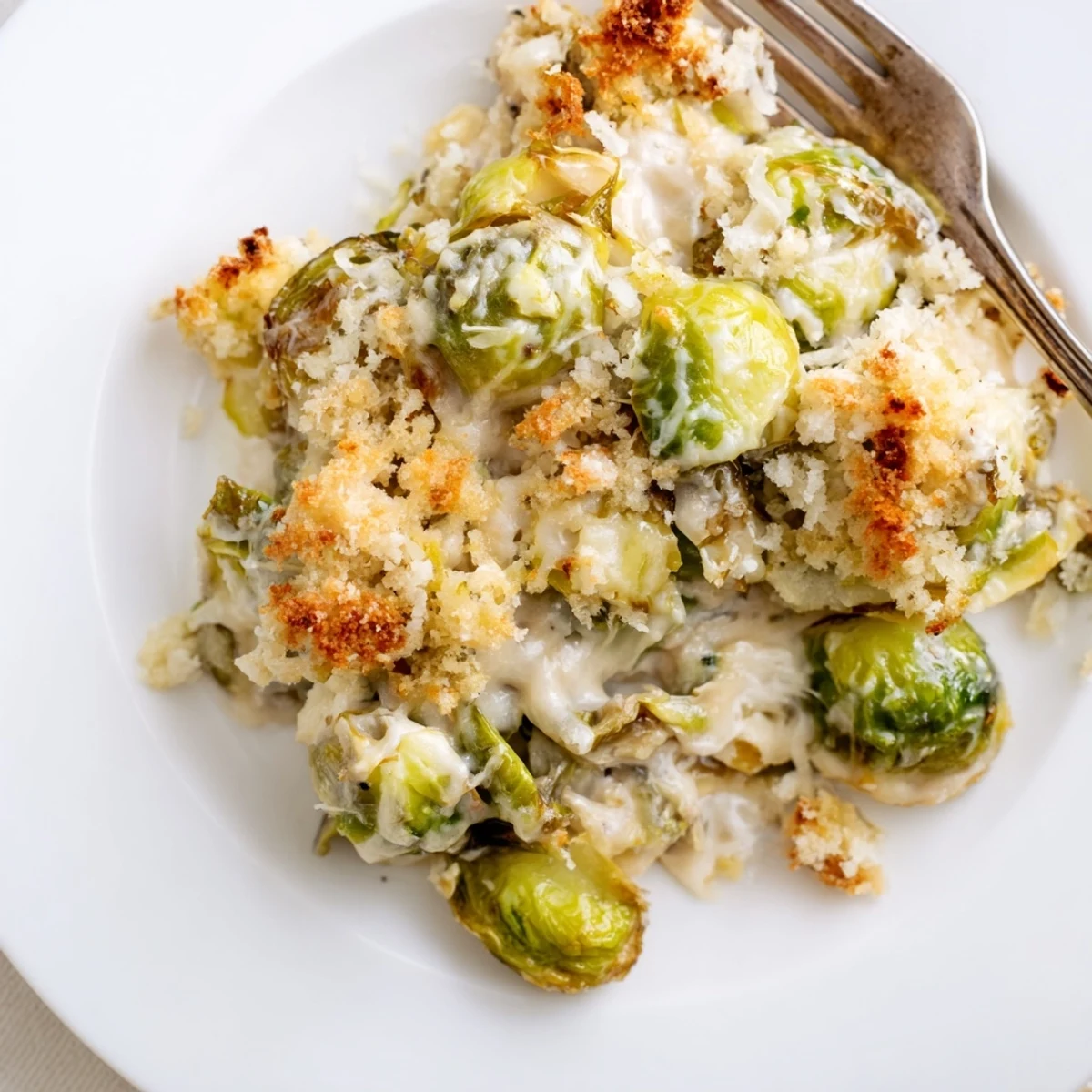 Oven-baked Creamy Parmesan Brussels Sprouts Casserole with melted cheese and toasty edges