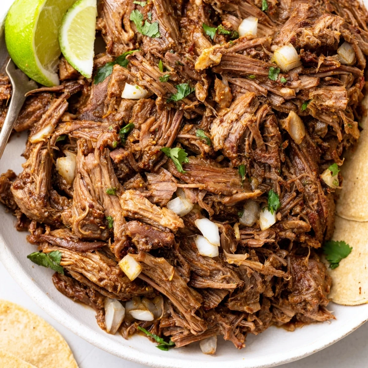 Slow Cooker Beef Barbacoa piled in warm tortillas, steaming, smoky and tender