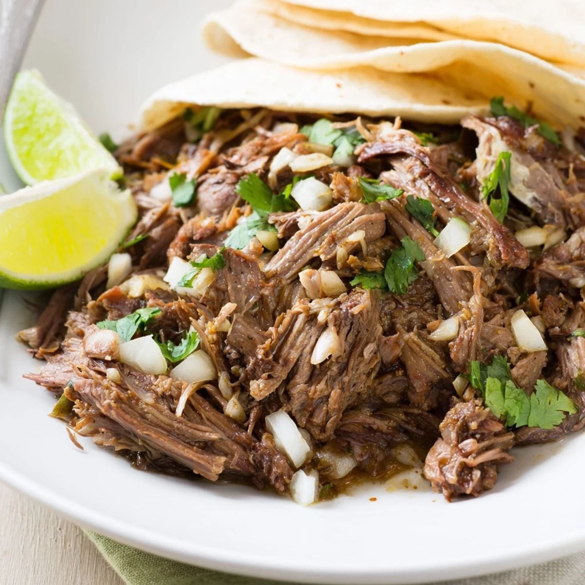 Close-up of Slow Cooker Beef Barbacoa shredded, juicy, seasoned with chipotle and lime