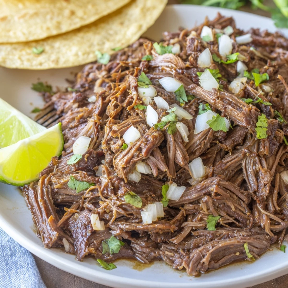 Family-style Slow Cooker Beef Barbacoa served over rice with cilantro and lime