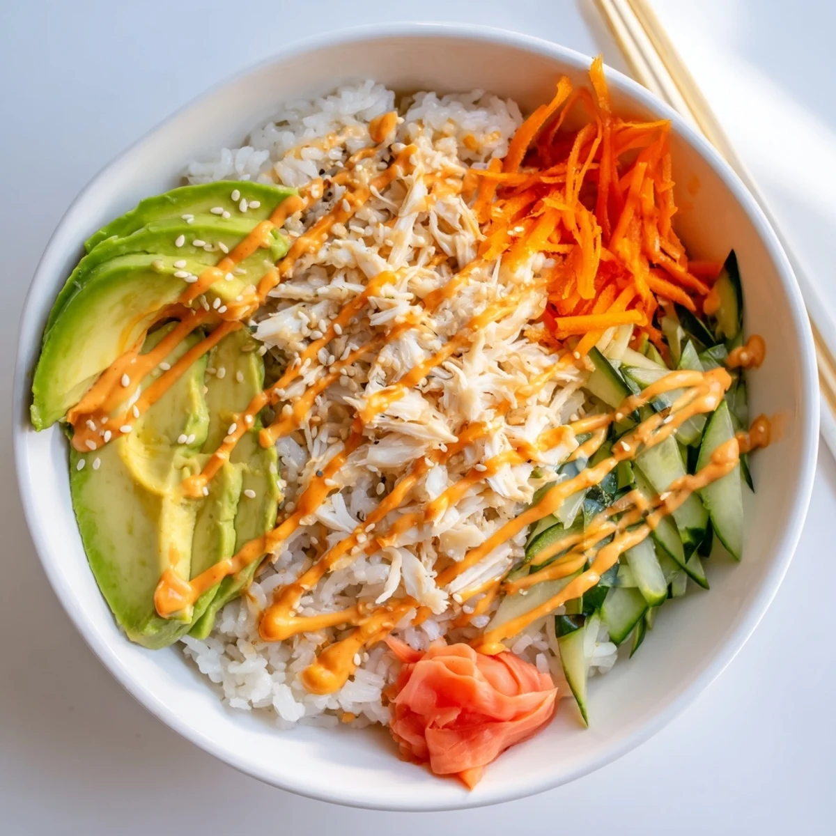 Warm seasoned sushi rice in California Roll Sushi Bowls topped with nori strips  