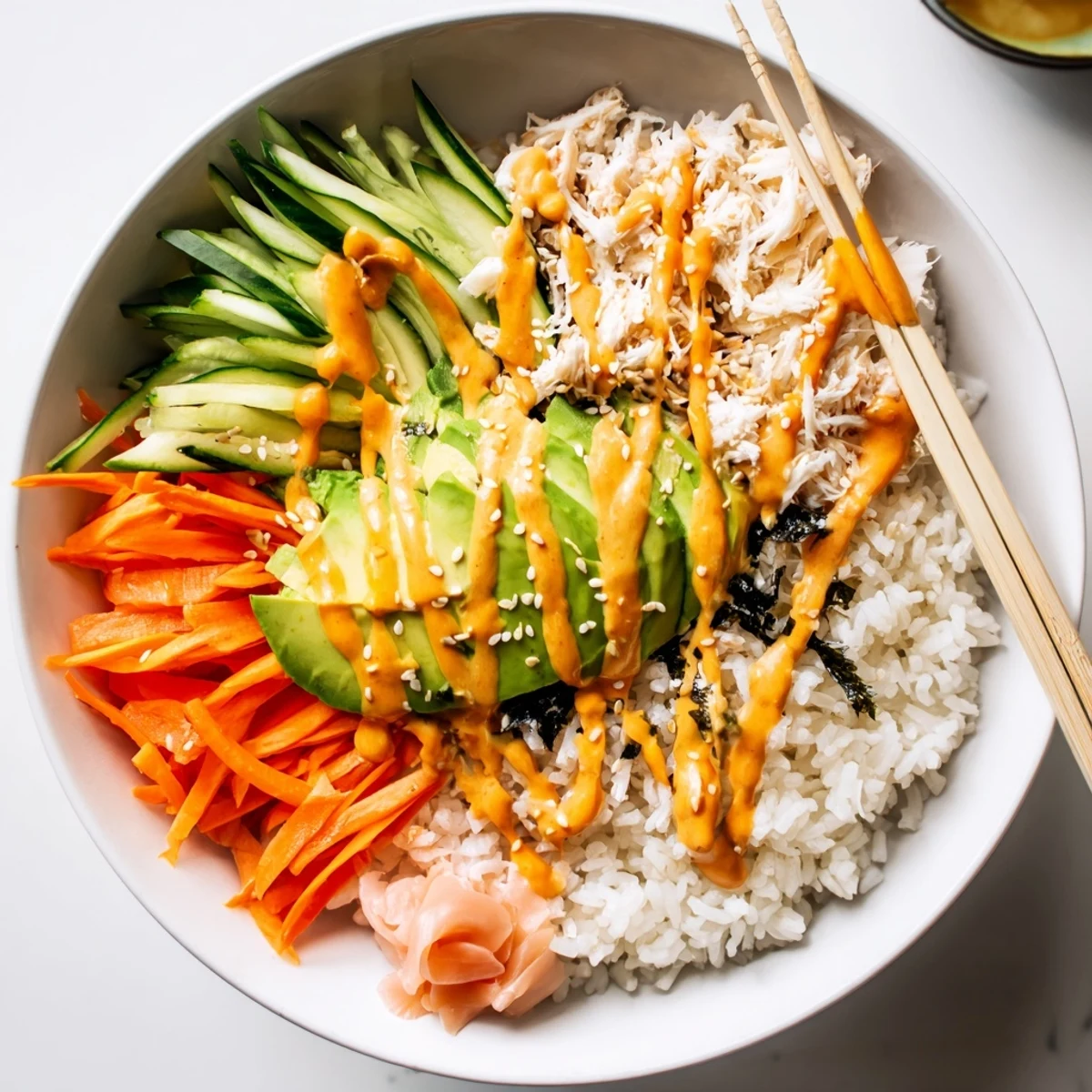 California Roll Sushi Bowls with glossy avocado, shredded crab, sesame and spicy mayo  