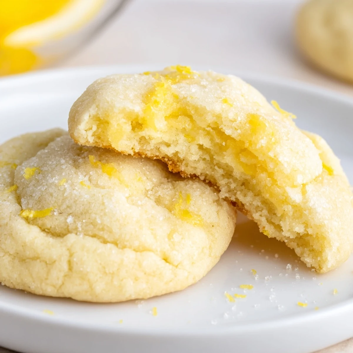 Plate of Soft Chewy Lemon Cookies beside Earl Grey, bright lemony bite