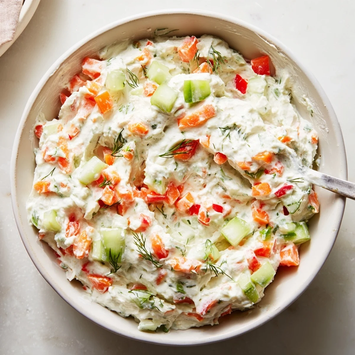 A tangy, herbed Garden Vegetable Spread Recipe folded into a smooth creamy base.
