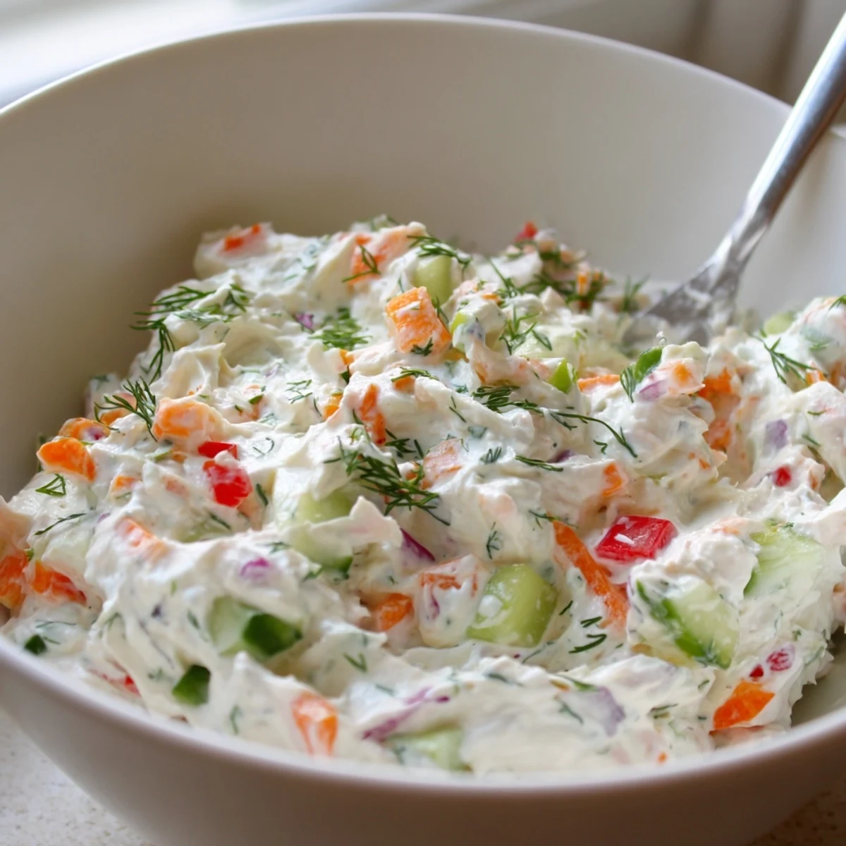 Creamy Garden Vegetable Spread Recipe on crackers, bright diced cucumbers and peppers.