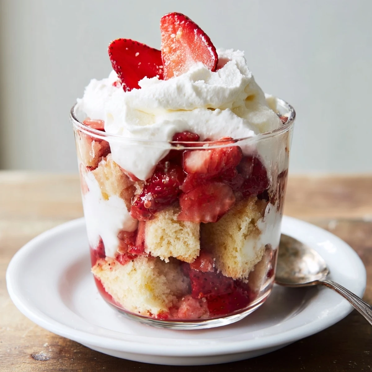 Strawberry Shortcake Trifles layered in glasses with juicy strawberries and whipped cream
