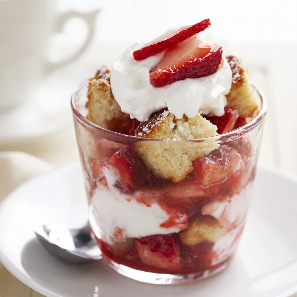 Chilled Strawberry Shortcake Trifles showing golden shortcake pieces and macerated berries