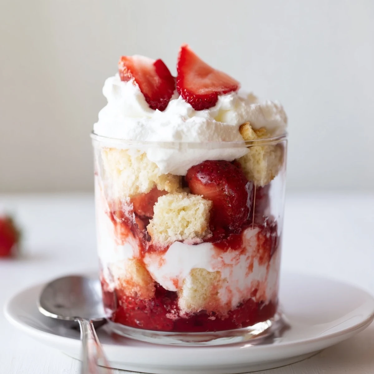 Individual Strawberry Shortcake Trifles in jars, fluffy cream, bright lemon-kissed strawberries