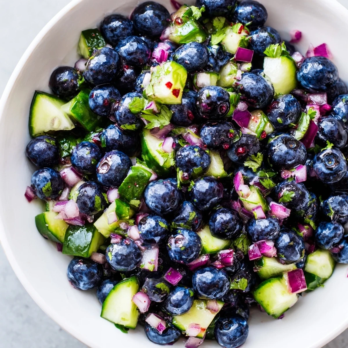 Bright purple and green blueberry cucumber salsa spooned over grilled fish on a summer plate