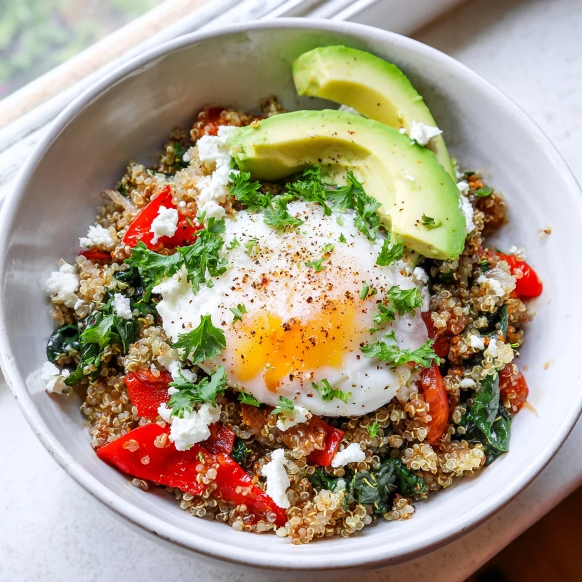 Fluffy quinoa breakfast bowl topped with sautéed vegetables, a runny egg, and creamy avocado slices