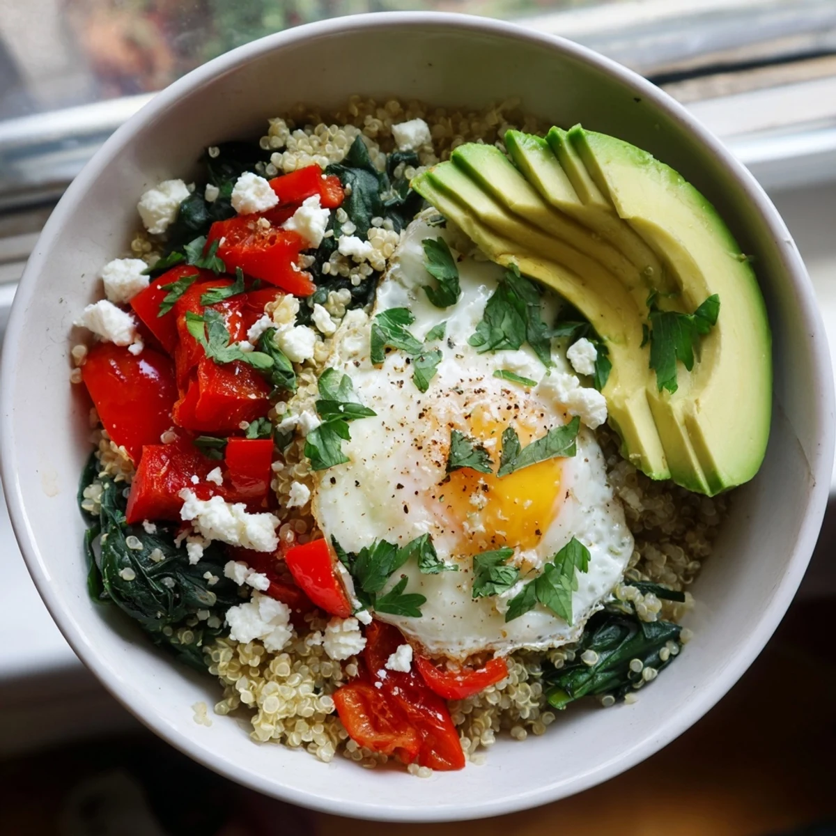 Golden fried egg rests atop a colorful quinoa breakfast bowl with wilted spinach and feta