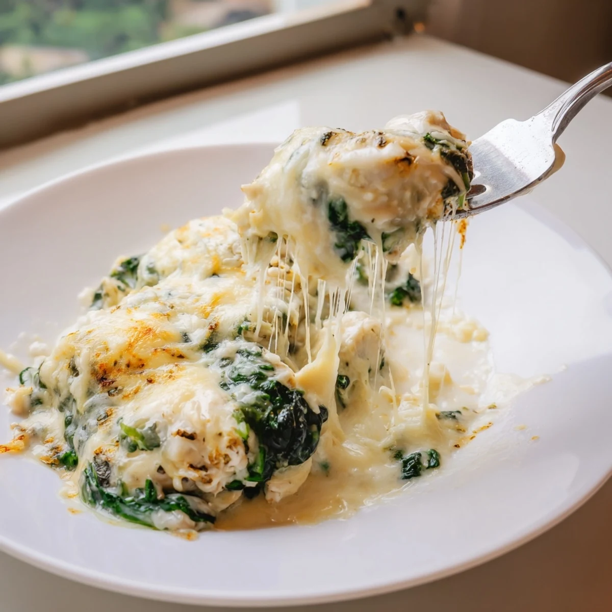 Creamy Chicken Spinach Casserole with bubbling golden cheese and tender chunks of chicken