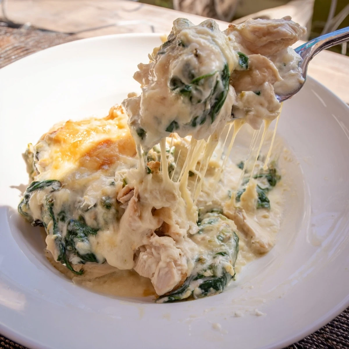 Creamy Chicken Spinach Casserole scooped onto a plate showing rich sauce and wilted spinach