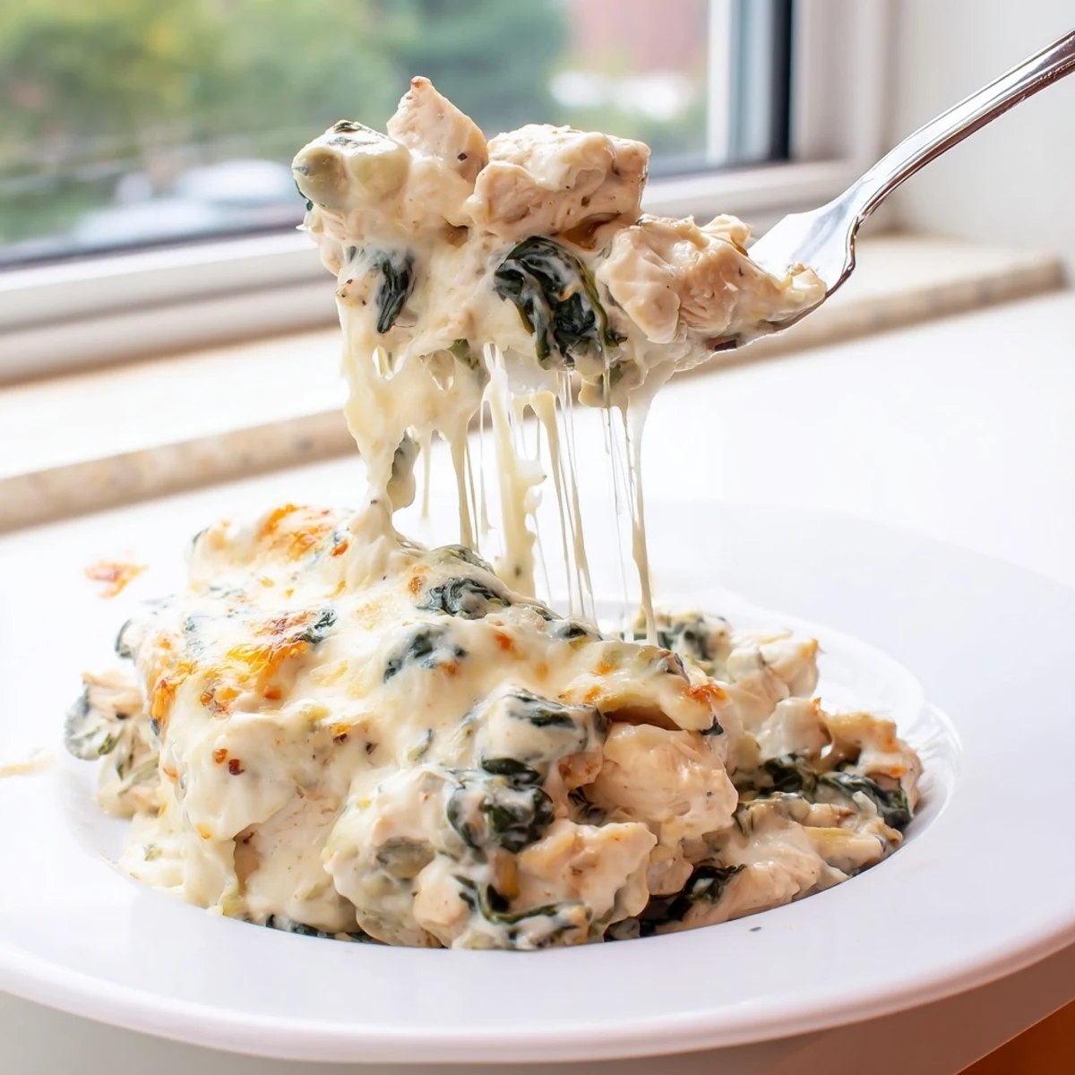 Baked Creamy Chicken Spinach Casserole topped with melted mozzarella in a rustic dish