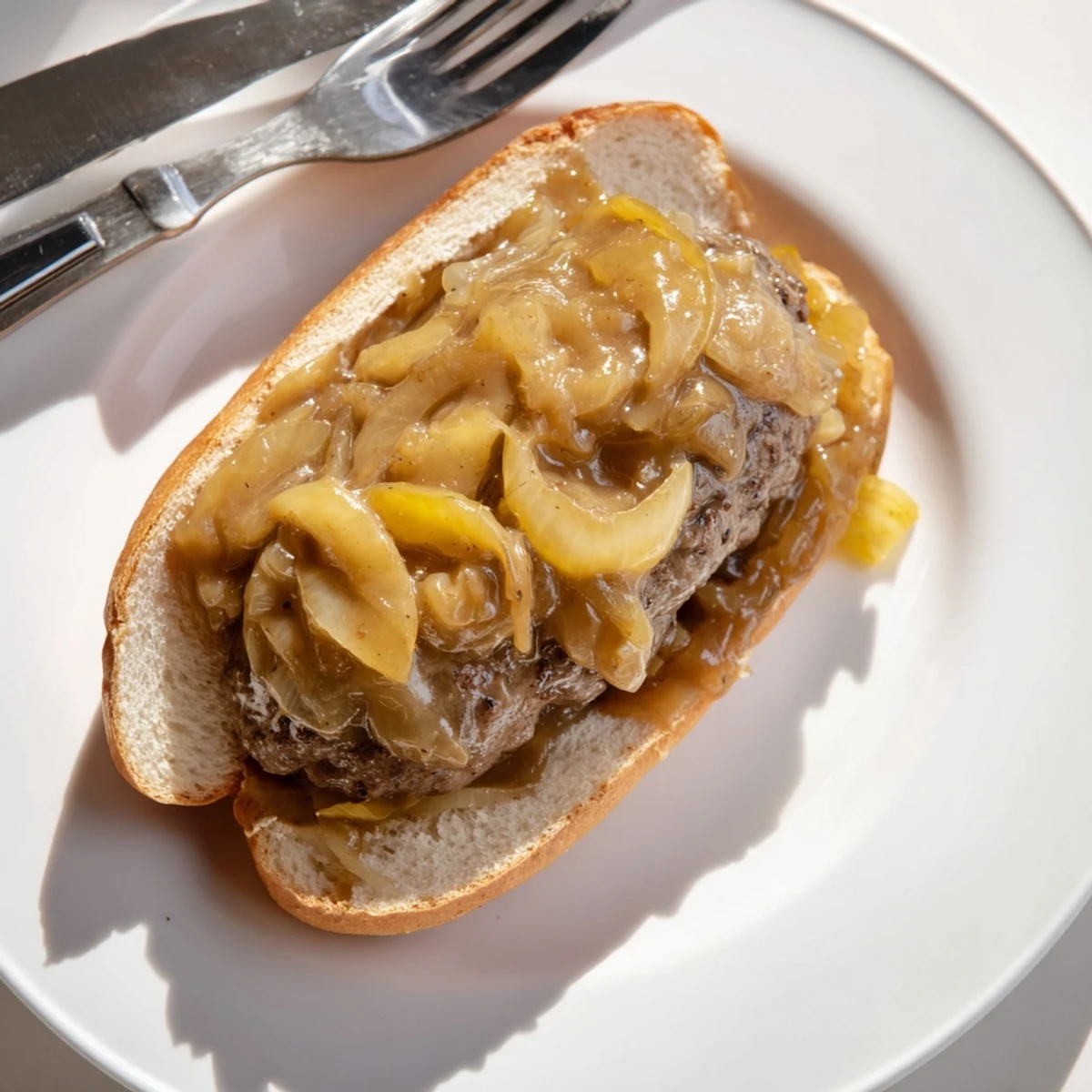Juicy smothered hamburger steak sandwiches with thick onion gravy on golden toasted rolls
