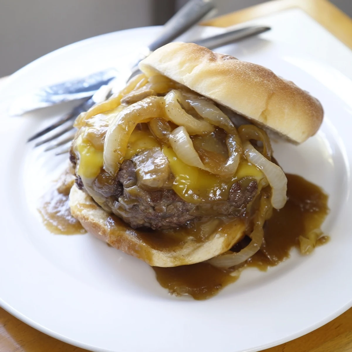 Caramelized onion gravy cascading over hearty hamburger steak sandwiches on buttery hoagie buns