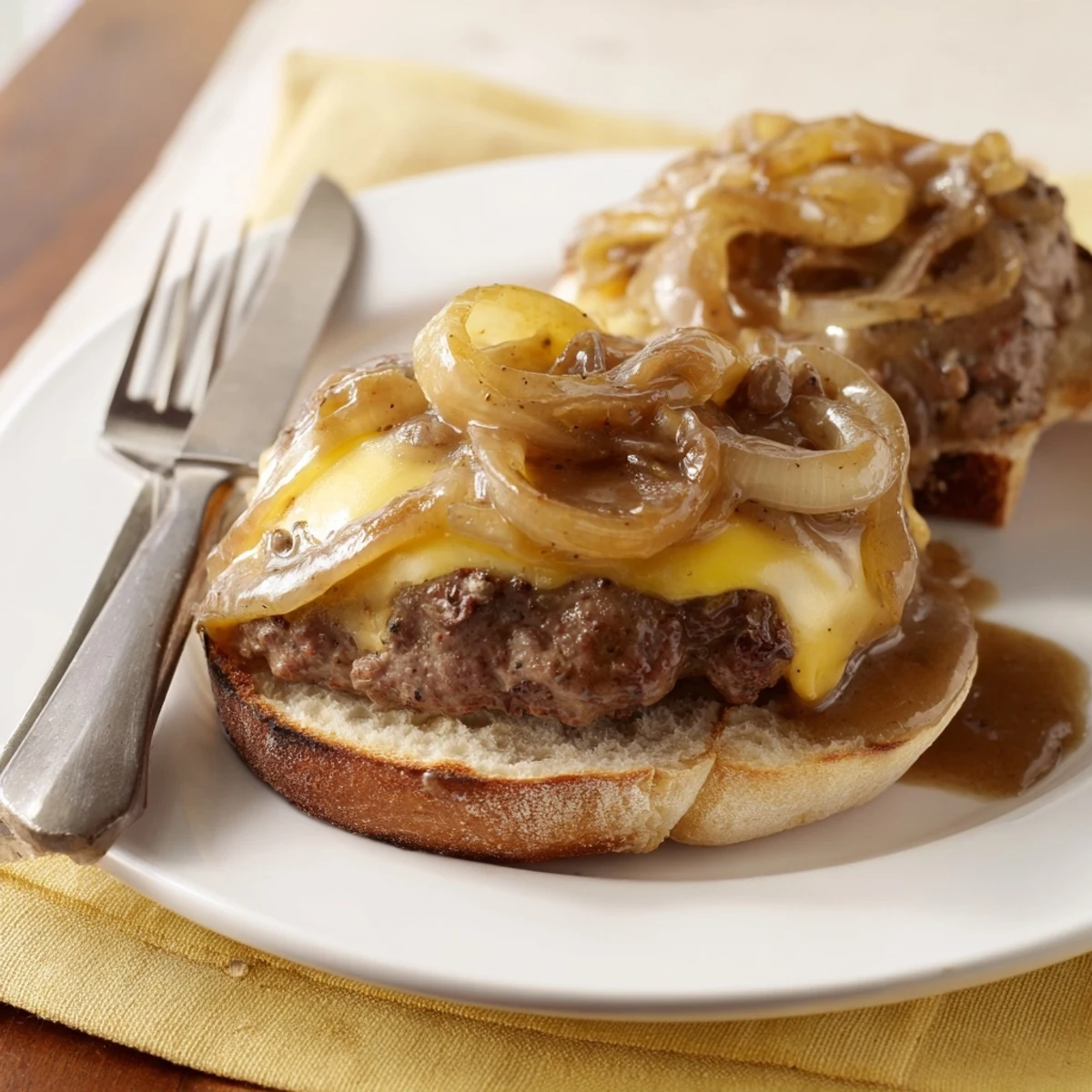 Tender hamburger steak sandwiches dripping with savory onion gravy, served with melted provolone