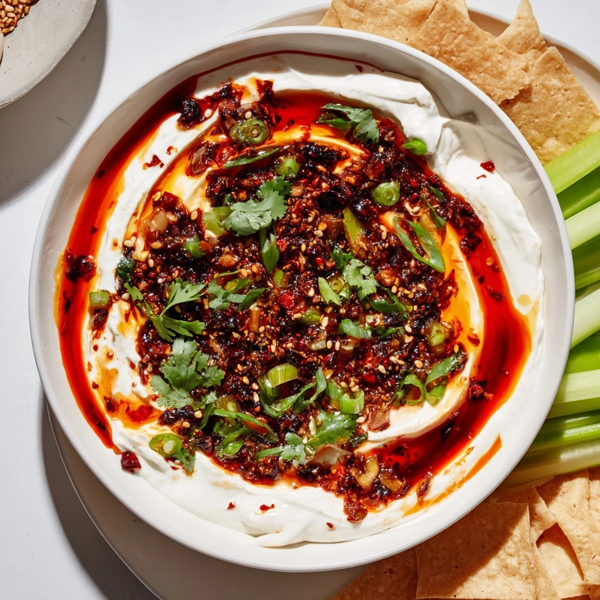 Creamy charred scallion and chili crisp dip swirled with spicy chili oil and fresh cilantro