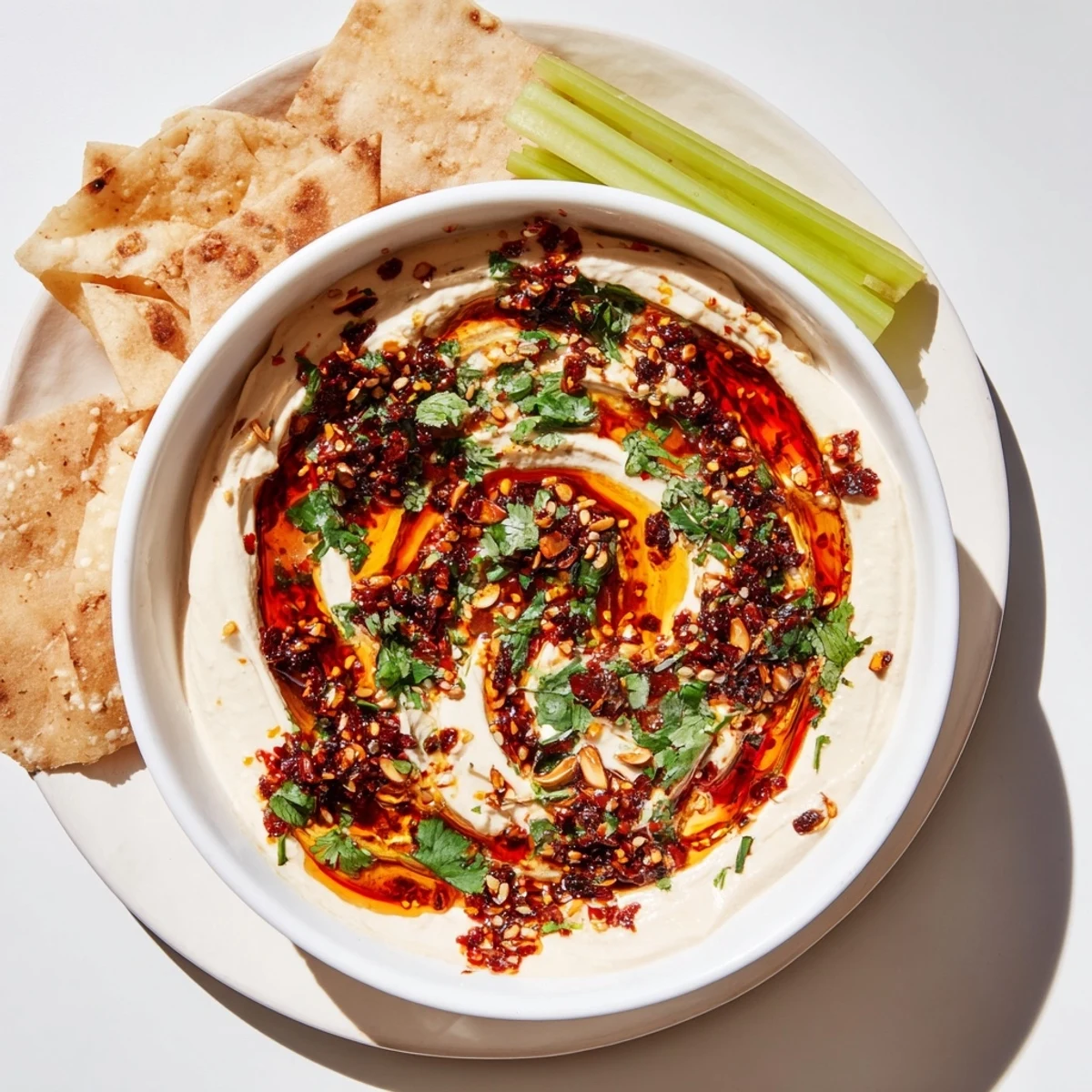 Smoky charred scallion and chili crisp dip served in a bowl alongside crispy pita chips