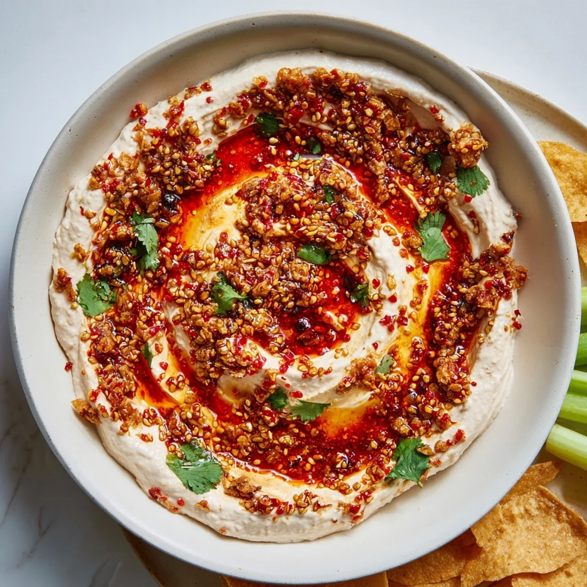 Tangy charred scallion and chili crisp dip topped with sesame seeds and a bold chili drizzle