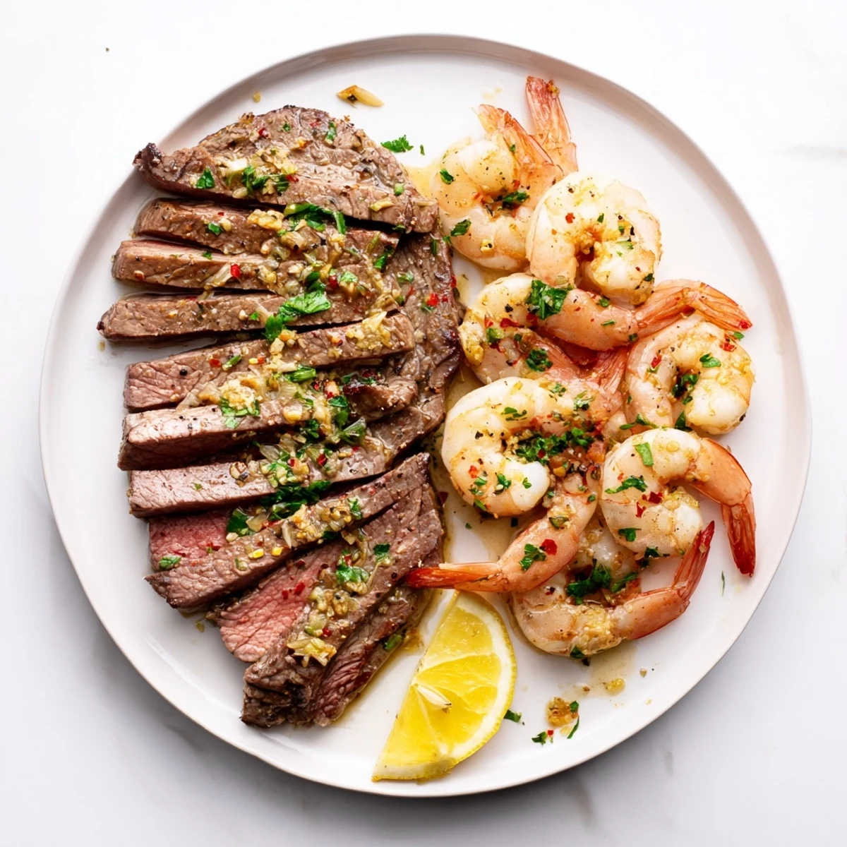 Steak and garlic butter shrimp plated on a cast iron skillet with parsley garnish