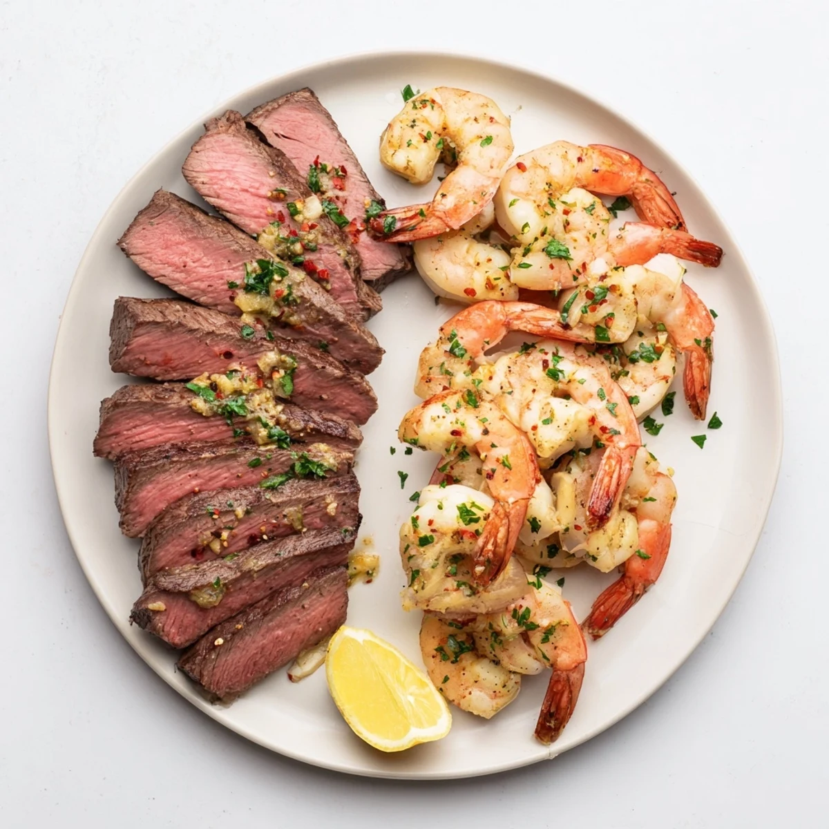 Perfectly seared steak and garlic butter shrimp drizzled with golden pan sauce
