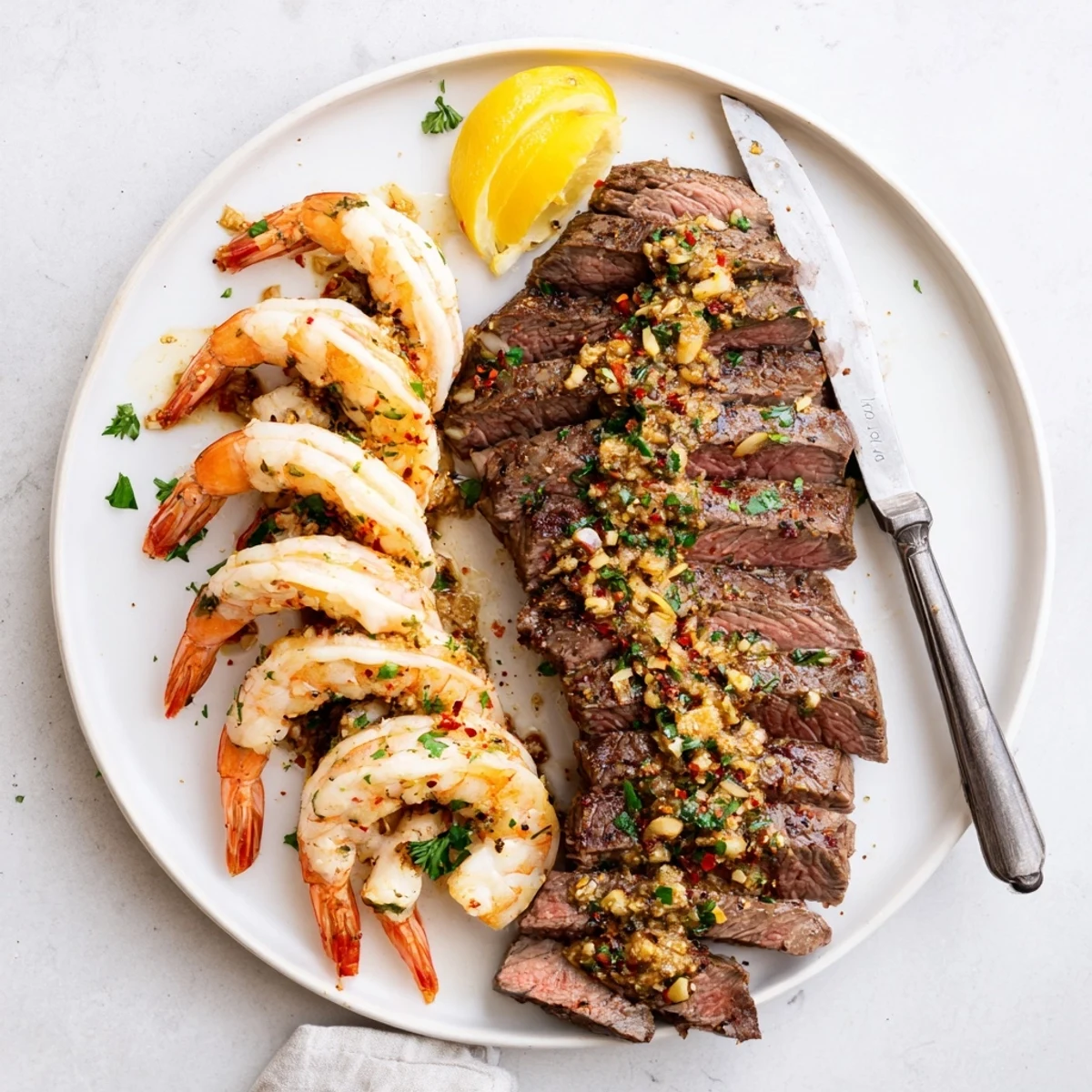 Juicy steak and garlic butter shrimp served together on a white dinner plate