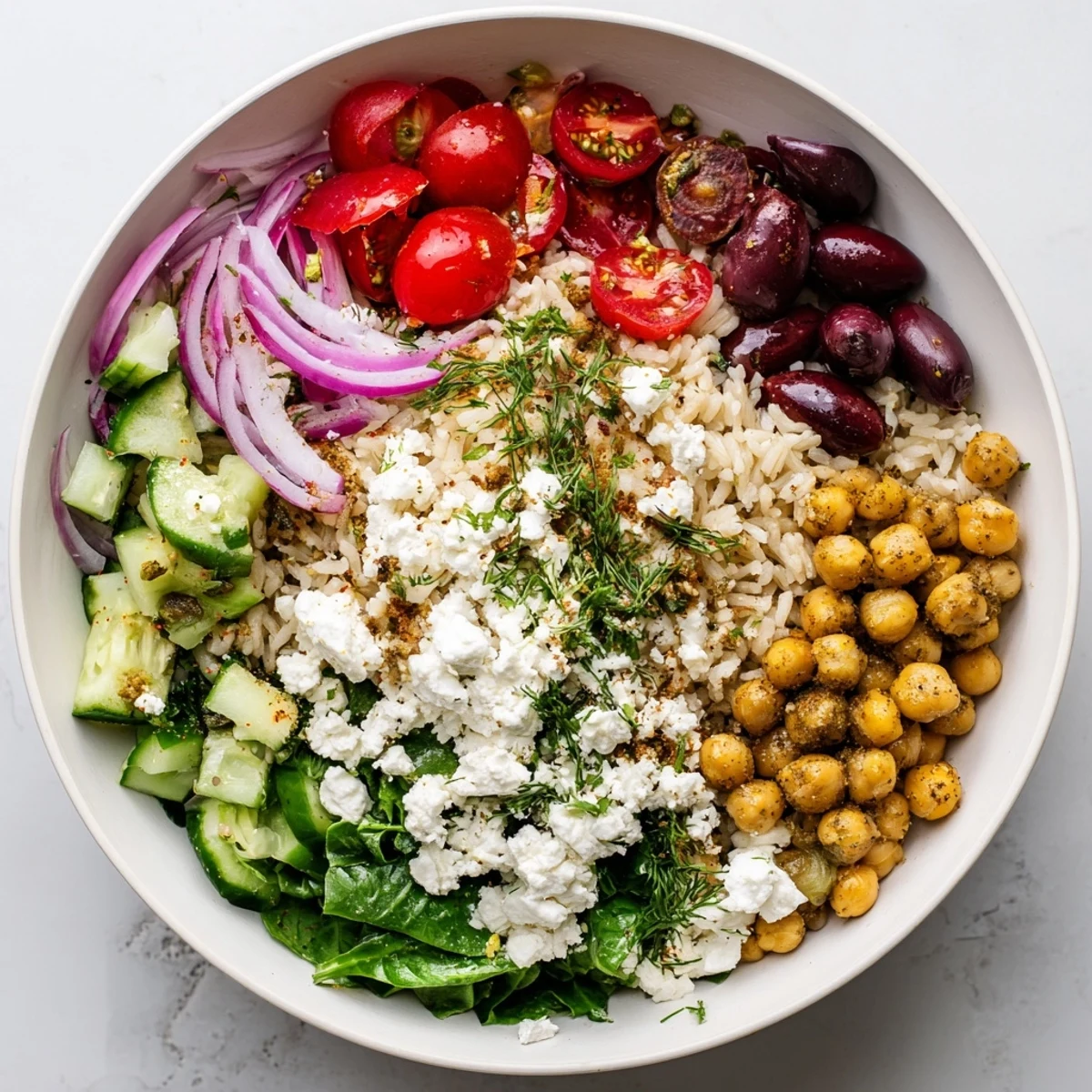 Golden spiced chickpeas crowning a fresh Mediterranean Rice Bowl with lemon herb dressing