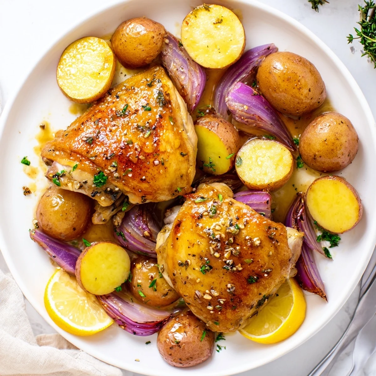 Crispy baked honey lemon chicken and potatoes glazed in a sticky golden sauce