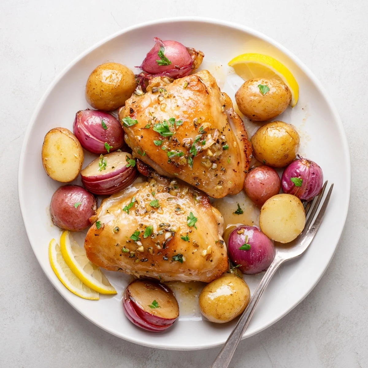 Juicy honey lemon chicken thighs roasted alongside caramelized potatoes on a sheet pan