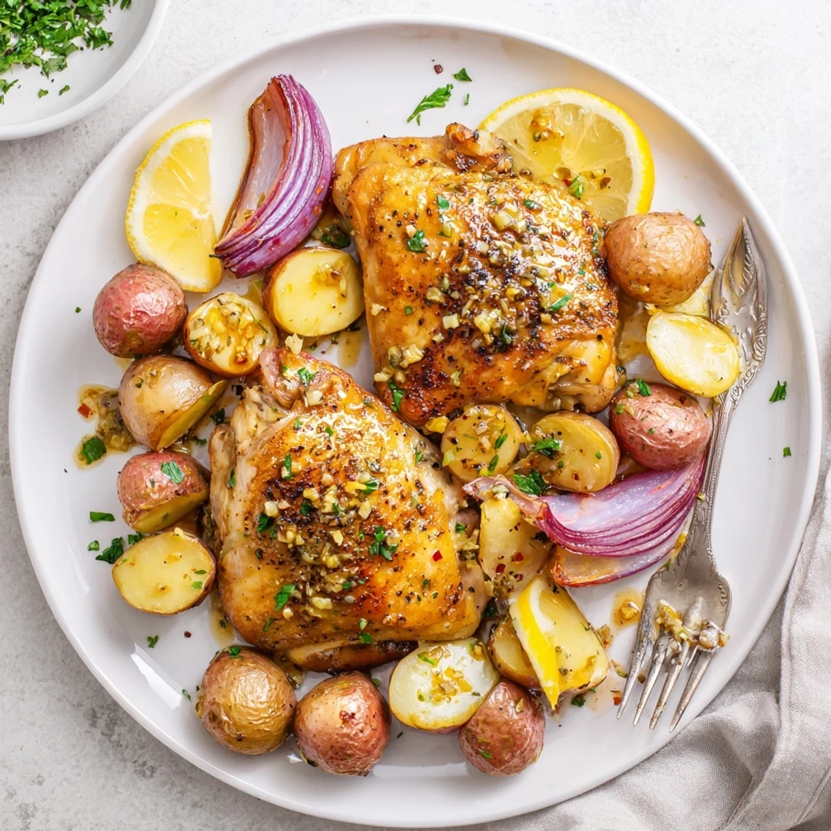 Tender baked honey lemon chicken and potatoes drizzled with a sweet citrus glaze