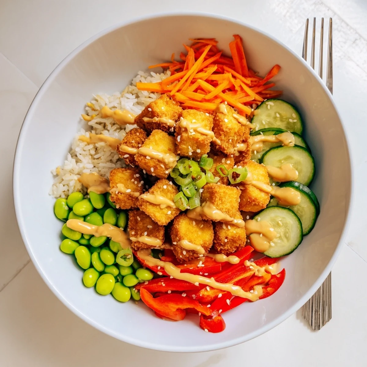 Golden crispy tofu rice bowl with peanut sauce drizzled over fresh crunchy vegetables