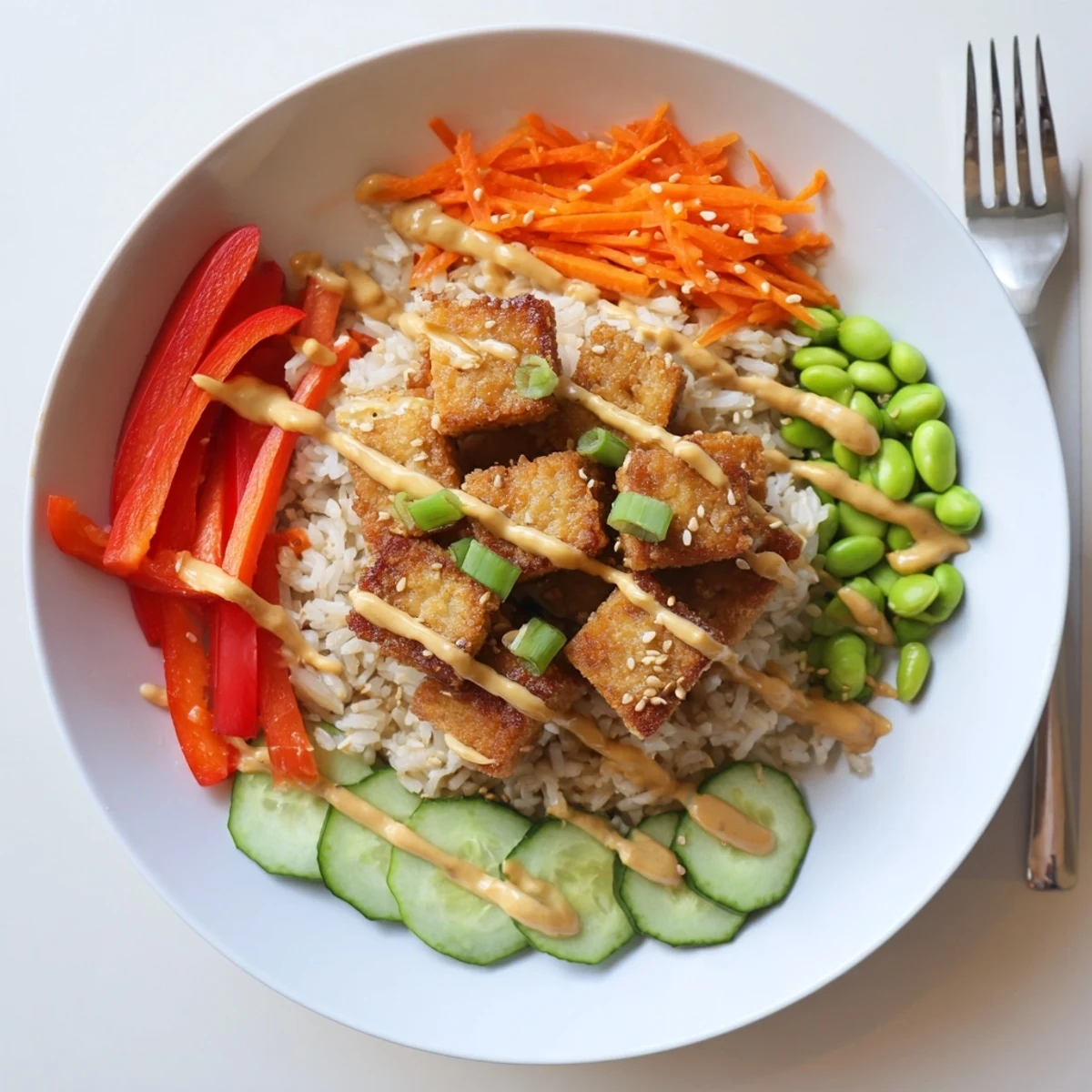 Crispy tofu cubes nestled atop steamed rice in a peanut sauce rice bowl
