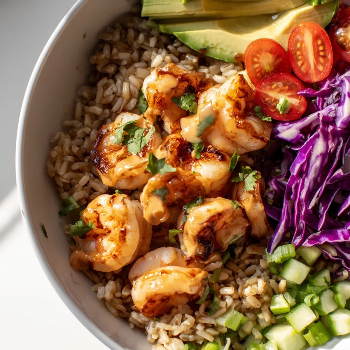 Smoky shrimp nestled over brown rice with shredded cabbage in a vibrant grain bowl