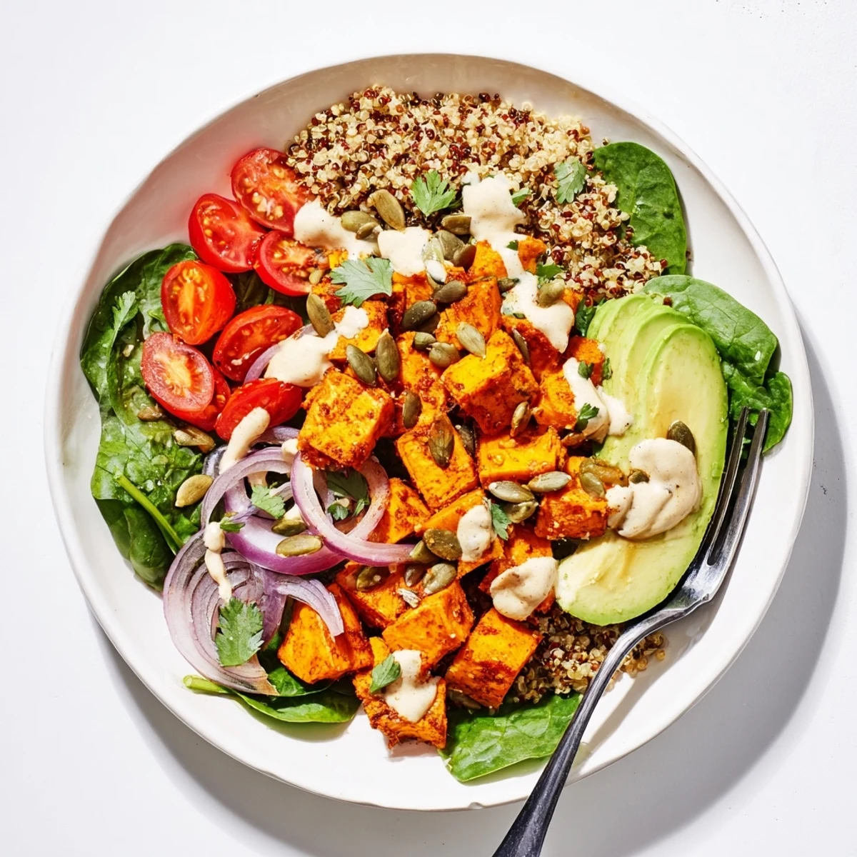 A vibrant sweet potato bowl topped with creamy avocado and drizzled with tahini dressing.