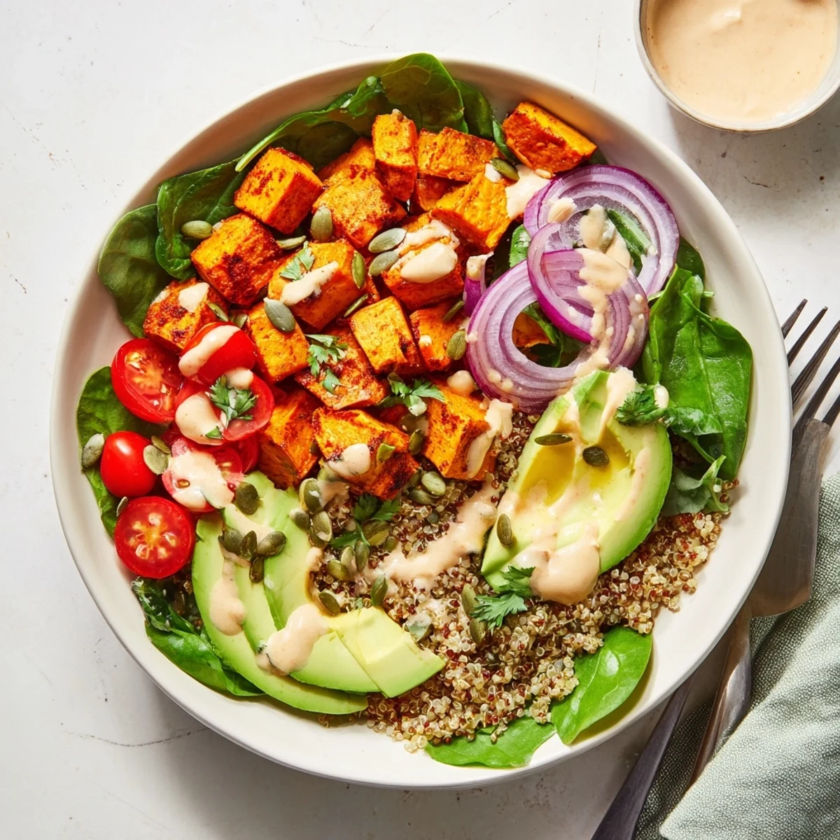 Roasted sweet potato bowl served over fluffy quinoa with colorful fresh vegetables and pepitas.