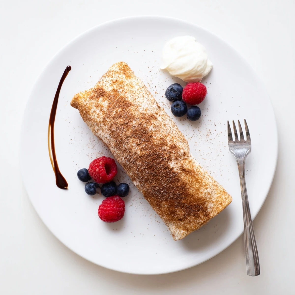 Crispy fried cheesecake chimichangas dusted in warm cinnamon sugar on a rustic plate