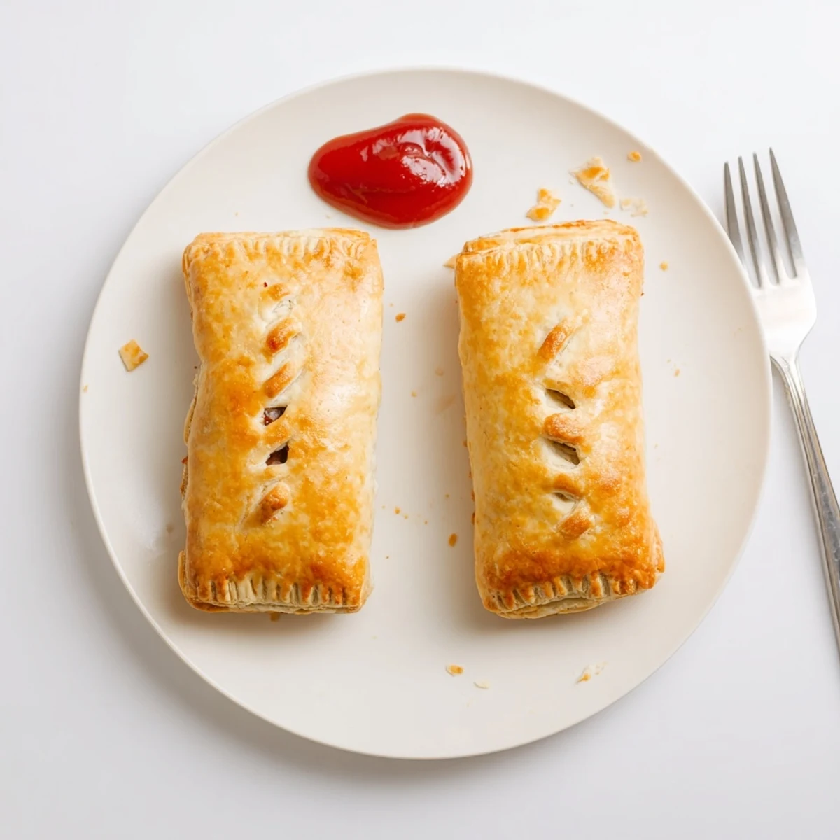Crispy baked Greggs inspired steak and cheese roll sliced open to reveal savory beef filling