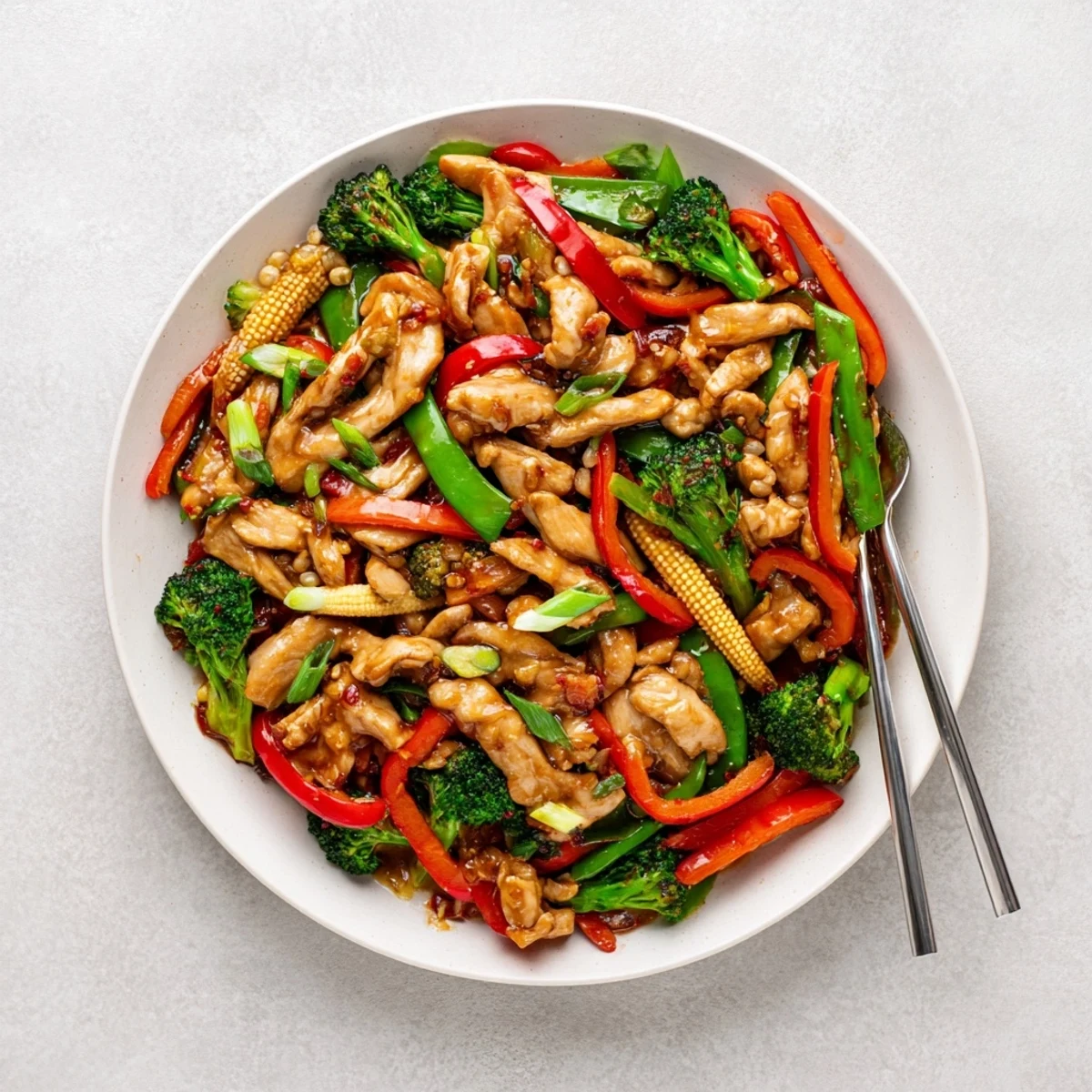 Crisp broccoli and bell peppers tossed with tender sliced Hunan Chicken stir-fry