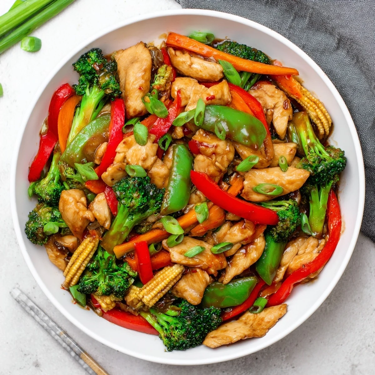 Hunan Chicken with glossy vegetables in a spicy red sauce on white rice