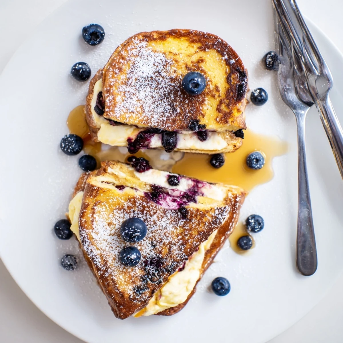 Golden blueberry cheesecake stuffed French toast drizzled with maple syrup on a plate