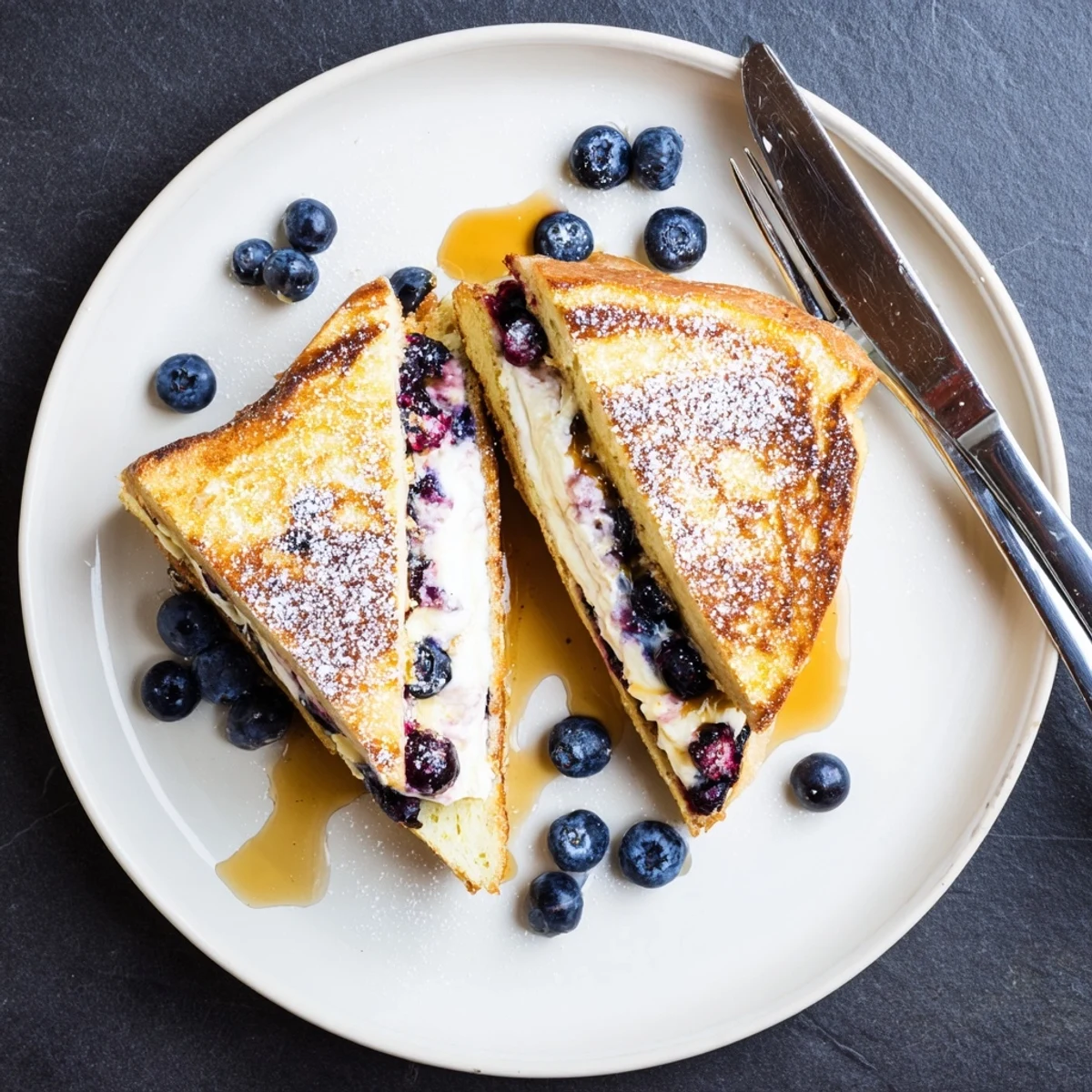 Blueberry cheesecake stuffed French toast with powdered sugar and fresh berries at brunch