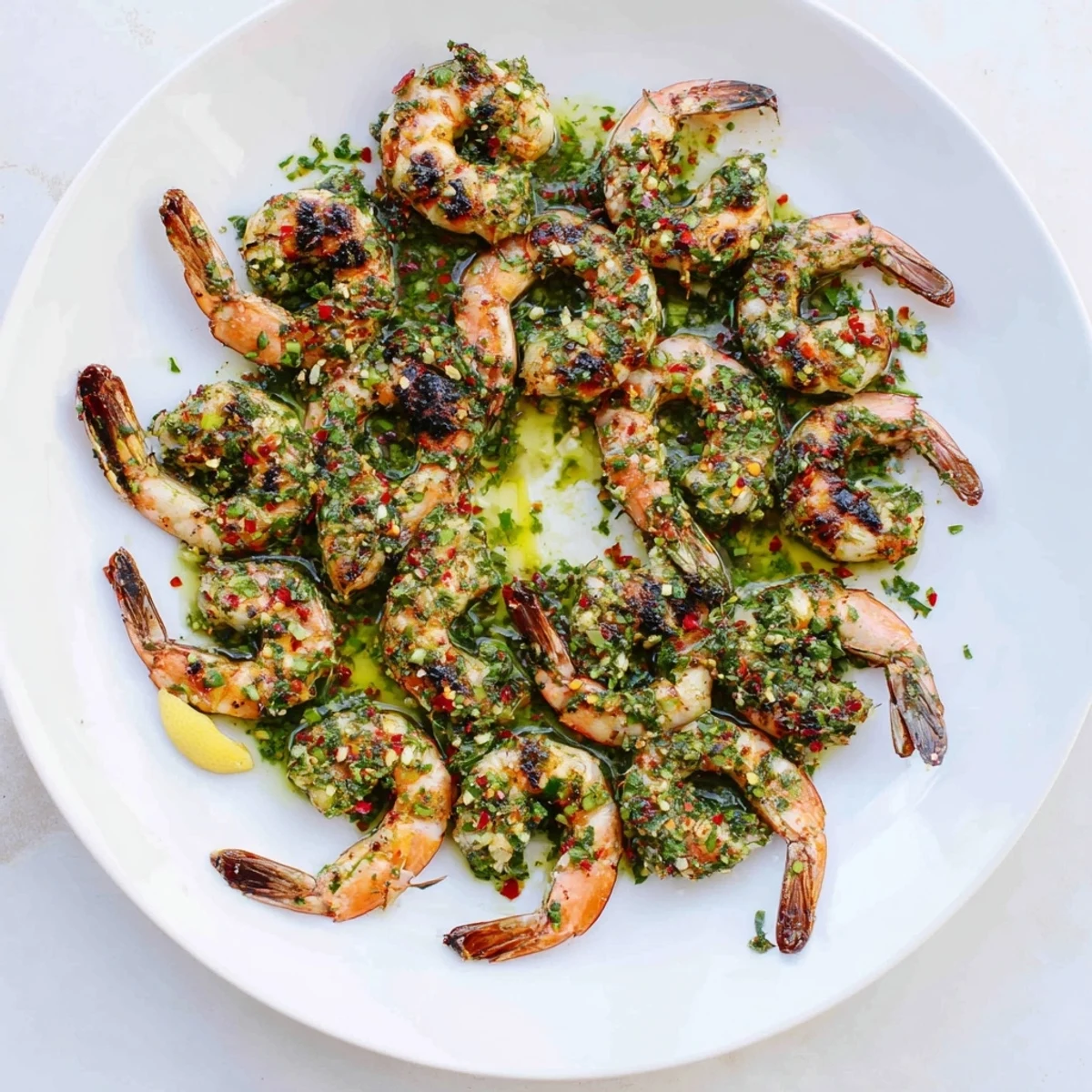 Golden chimichurri shrimp sizzling on a platter with fresh herbs