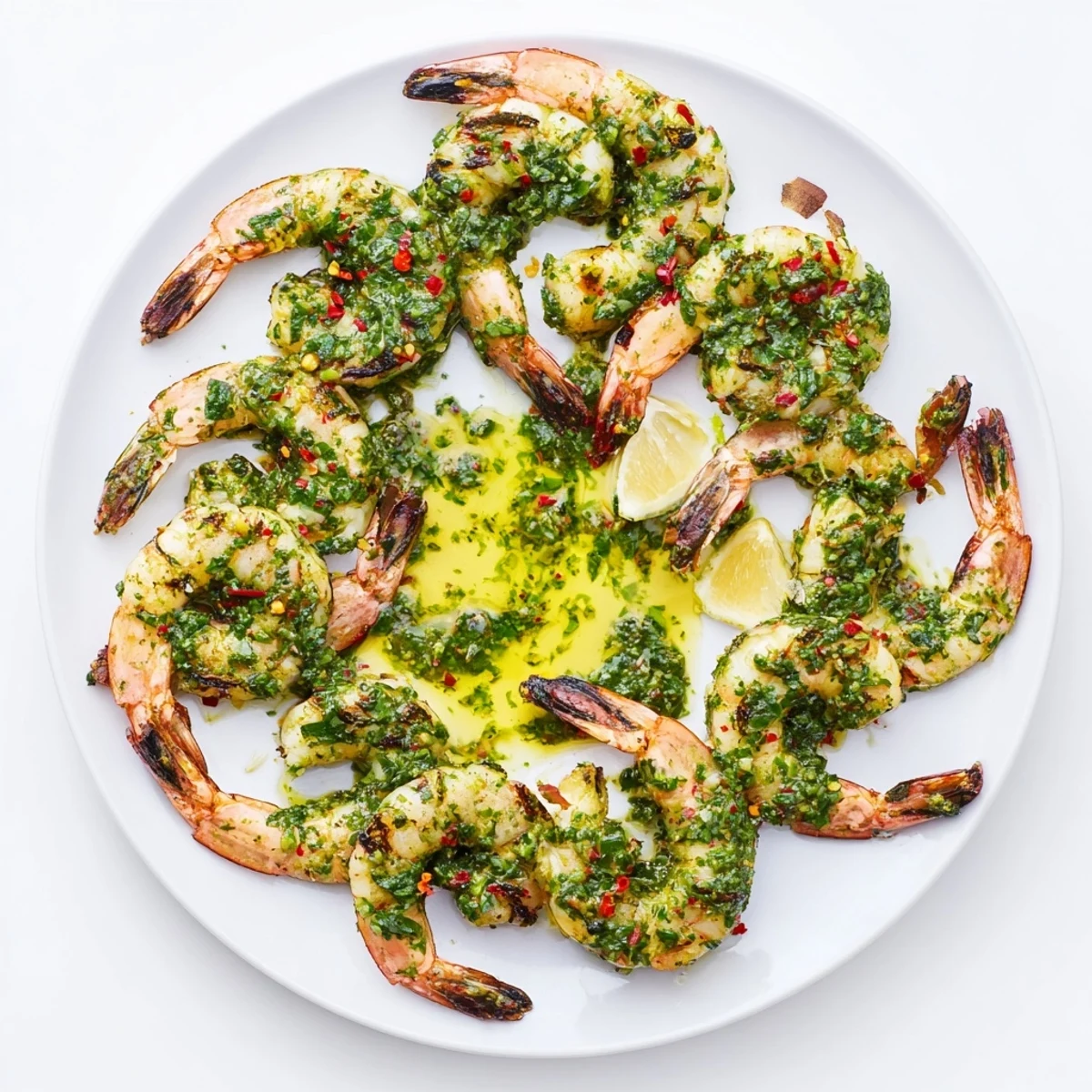 Grilled chimichurri shrimp garnished with parsley and a lemon wedge