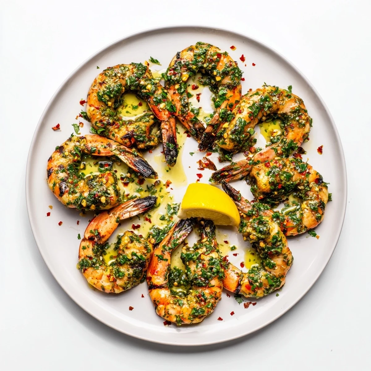 Chimichurri shrimp skewers drizzled in vibrant green herb sauce