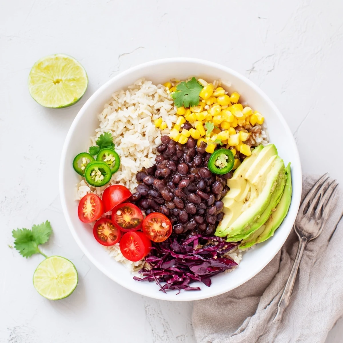 Colorful black bean and rice bowl garnished with cilantro, cabbage, and sweet corn kernels