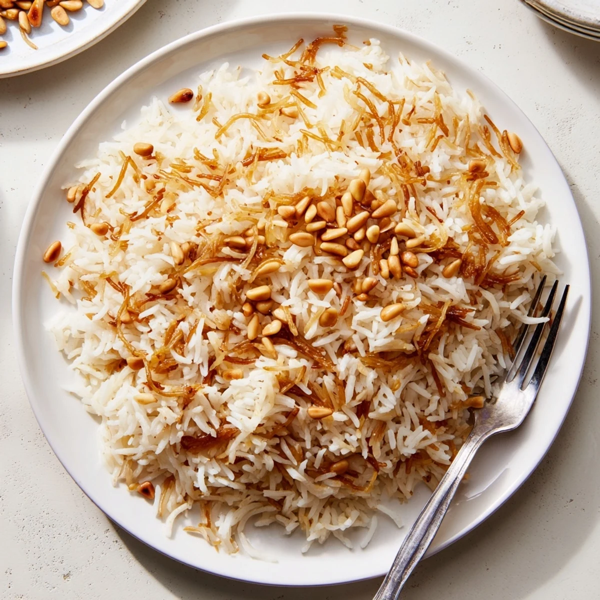 Fluffy Lebanese rice studded with crispy golden vermicelli and garnished with fresh herbs