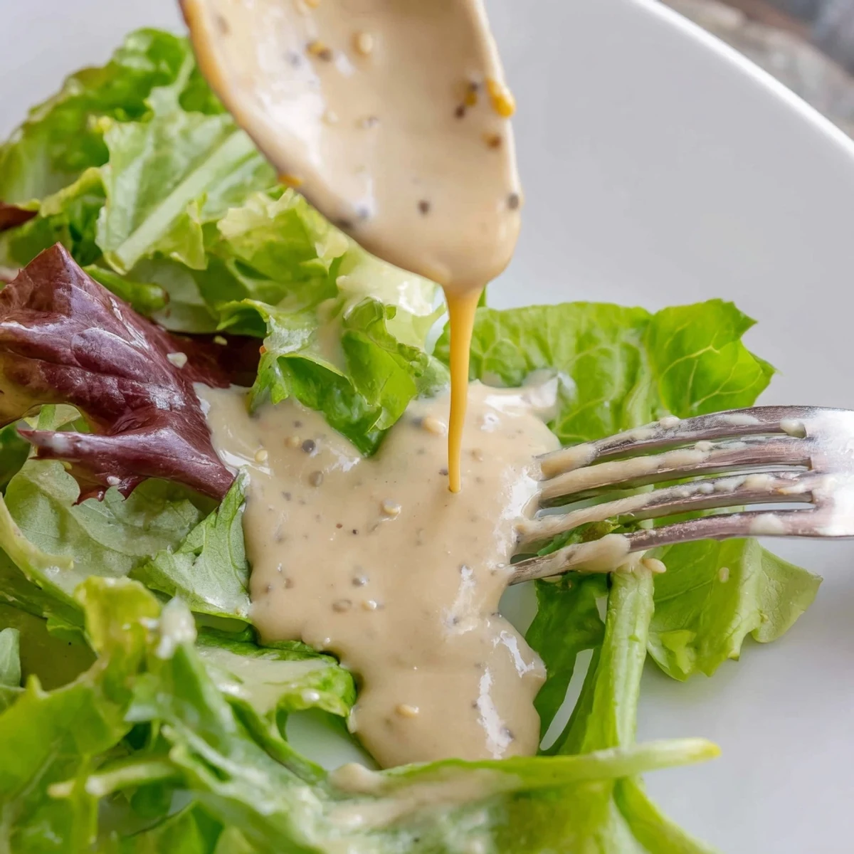 Golden tahini sauce with sesame seeds ready for grain bowl topping
